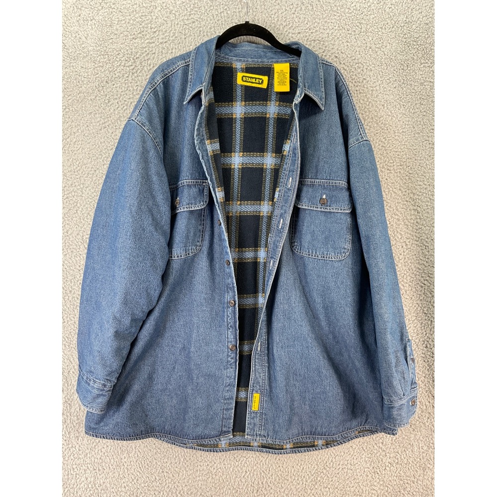 Stanley Denim Jacket Men XXL Blue Excellent Fleece Lined Plaid Workwear Utility